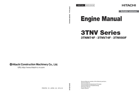 Unlock the full potential of your HITACHI 3TNV Series engines with the comprehensive 3TNM74F, 3TNV74F, and 3TNV80F Engine Service Manual (EACG-EN-00) in PDF format. This essential guide provides detailed insights into maintenance, troubleshooting, and repair procedures, ensuring your engine operates at peak performance. With easy navigation and clear illustrations, this manual is an invaluable resource for both professionals and DIY enthusiasts, helping you save time and money on repairs. Don't miss out on 