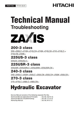 Unlock the full potential of your HITACHI ZAXIS machinery with the comprehensive Technical Manual TT1V1-E-01. This PDF file is an essential resource for operators and technicians, providing detailed insights into the ZAXIS 200-3, 225US-3, 225USR-3, 240-3, and 270-3 models. With clear diagrams, troubleshooting tips, and maintenance guidelines, this manual ensures optimal performance and longevity of your equipment. Enhance your operational efficiency and reduce downtime by having this invaluable reference at