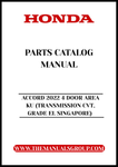 Discover the ultimate resource for your 2022 Honda Accord with our comprehensive Parts Catalog Manual, specifically designed for the 4-door model with CVT transmission, grade EL Singapore. This PDF download provides detailed diagrams and specifications, ensuring you have all the information you need for maintenance, repairs, and upgrades.
