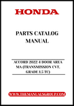 Unlock the full potential of your 2022 Honda Accord with our comprehensive Parts Catalog Manual. This PDF download is specifically designed for the 4-door model featuring the CVT transmission and 1.5 TC grade, providing you with detailed diagrams and specifications to ensure you have everything you need for maintenance and repairs.