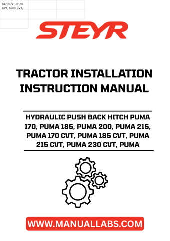 STEYR HYDRAULIC PUSH BACK HITCH PUMA 170, PUMA 185, PUMA 200, PUMA 215, PUMA 170 CVT, PUMA 185 CVT, PUMA 215 CVT, PUMA 230 CVT, PUMA TRACTOR INSTALLATION INSTRUCTIONS MANUAL - 84177633