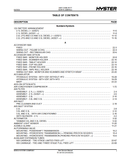 A printed table of contents page from a Hyster user manual, showing section titles, subsections, and page numbers in black text on a white page.