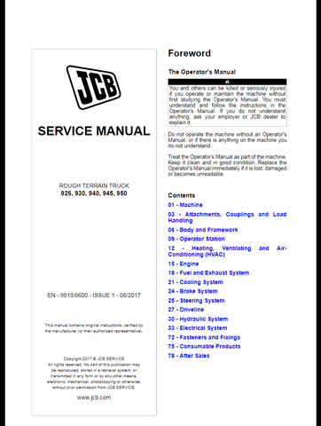 JCB 926, 930, 940, 945, 950 Forklift Workshop Service Repair Manual 9813/6600- PDF File Download