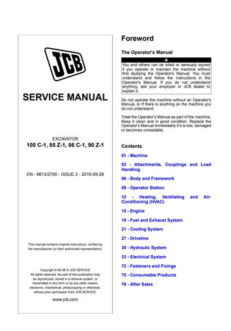 Discover the essential JCB Compact Excavator Service Manual for models 100 C-1, 85 Z-1, 86 C-1, and 90 Z-1. This comprehensive PDF file (Issue 2, 2016-09-28) provides detailed insights into maintenance, troubleshooting, and repair procedures, ensuring your equipment operates at peak performance. With clear diagrams and step-by-step instructions, this manual is an invaluable resource for both professionals and DIY enthusiasts looking to enhance their understanding and care of JCB excavators. Invest in this 