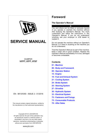 Unlock the full potential of your JCB 10TFT, 9TFT, and 9TST dumpers with the comprehensive Service Manual 9813/5350 in PDF format. This essential guide provides detailed maintenance procedures, troubleshooting tips, and technical specifications to ensure your equipment operates at peak performance. With easy navigation and clear illustrations, this manual is an invaluable resource for both seasoned professionals and DIY enthusiasts, helping you save time and reduce repair costs. Invest in your machinery's l
