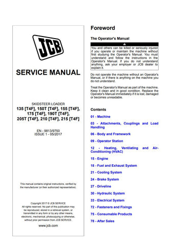  Unlock the full potential of your JCB Skid Steer Loader with the comprehensive Service Manual (9813/9750) for models 135, 150T, 155, 175, 190T, 205T, 210, and 215 (T4F). This PDF file is an essential resource for maintenance and repair, providing detailed diagrams, troubleshooting tips, and step-by-step instructions to keep your equipment running smoothly. Ensure optimal performance and longevity of your machine with this invaluable guide, designed for both seasoned professionals and DIY enthusiasts. Don't