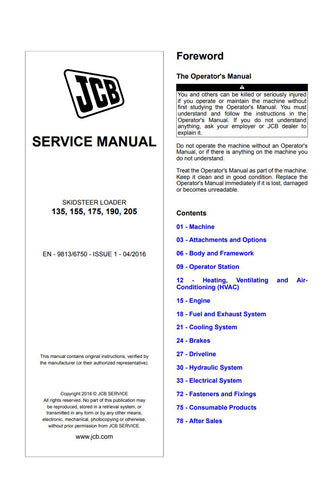  Unlock the full potential of your JCB Skid Steer Loader with the comprehensive Service Manual for models 135, 155, 175, 190, and 205. This PDF file (Issue 1, April 2016) is an essential resource for maintenance and repair, providing detailed instructions, diagrams, and troubleshooting tips to keep your equipment running smoothly. Ensure optimal performance and longevity of your machinery by having this invaluable guide at your fingertips. Perfect for both seasoned professionals and DIY enthusiasts, this ma