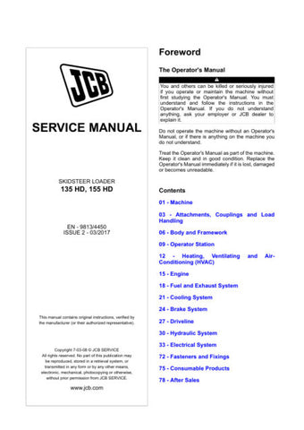 Unlock the full potential of your JCB 135 HD and 155 HD Skid Steer Loader with the comprehensive service manual (9813/4450) in PDF format. This essential guide provides detailed maintenance procedures, troubleshooting tips, and technical specifications to ensure your equipment operates at peak performance. With easy navigation and clear illustrations, you'll have the knowledge to tackle repairs and keep your loader running smoothly, saving you time and money. Invest in this invaluable resource today and enh