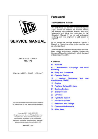 Enhance your maintenance routine with the JCB 155 and JCB 175 Skid Steer Loader Service Manual (9813-9800) in PDF format. This comprehensive guide provides detailed insights into servicing and troubleshooting, ensuring your equipment operates at peak performance. With easy navigation and clear illustrations, you can quickly access essential information, saving you time and reducing downtime. Invest in this invaluable resource to keep your skid steer loader running smoothly and efficiently.