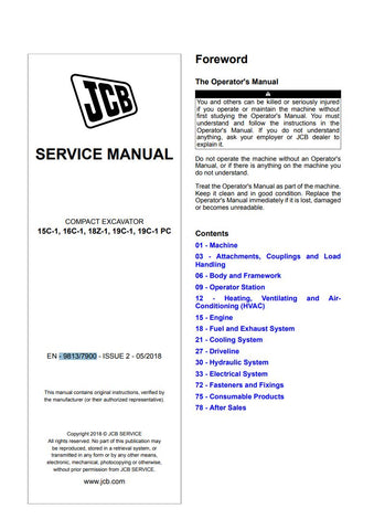 Unlock the full potential of your JCB compact excavators with the comprehensive service manual for models 15C-1, 16C-1, 18Z-1, 19C-1, and 19C-1 PC. This PDF file, catalog number 9813/7900, is an essential resource for maintenance and repair, providing detailed diagrams, troubleshooting tips, and step-by-step instructions to keep your machinery running smoothly. Ensure optimal performance and longevity of your equipment by investing in this invaluable guide today.