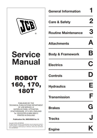 Unlock the full potential of your JCB 160, 170, and 180T with the comprehensive ROBOT SERVICE MANUAL - 9803/8520. This essential guide is designed to provide you with detailed insights and step-by-step instructions for maintenance and repairs, ensuring your machinery operates at peak performance.
