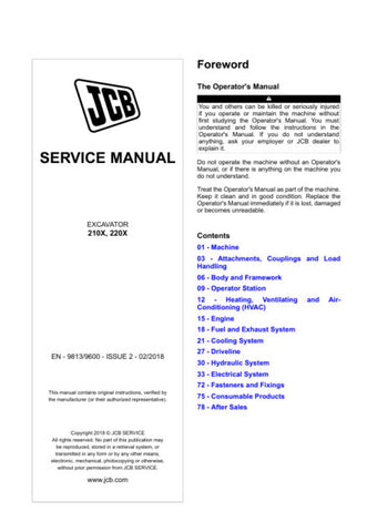 Unlock the full potential of your JCB 210X and 220X excavators with the comprehensive Service Manual (Issue 2, 02/2018). This PDF file is an essential resource for operators and technicians, providing detailed insights into maintenance, troubleshooting, and repair procedures. With clear diagrams and step-by-step instructions, you can ensure optimal performance and longevity of your machinery. Invest in this manual today to enhance your operational efficiency and reduce downtime.