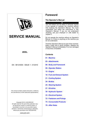Unlock the full potential of your JCB 2DXL Backhoe Loader with the comprehensive Service Manual (Issue 1, 01/2016). This PDF file is an essential resource for operators and technicians, providing detailed insights into maintenance, troubleshooting, and repair procedures. With clear diagrams and step-by-step instructions, you can ensure optimal performance and longevity of your equipment. Invest in this manual today to enhance your operational efficiency and keep your backhoe loader running smoothly.