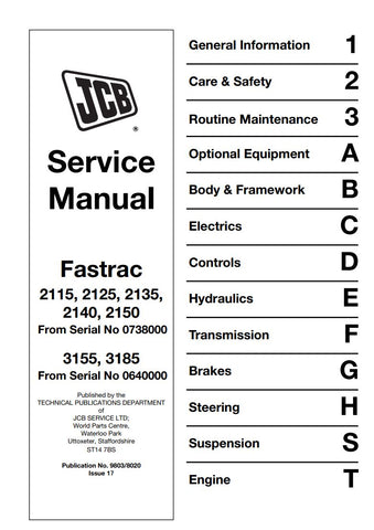 Unlock the full potential of your JCB FASTRAC with the comprehensive service manual for models 3155, 3185, 2115, 2125, 2135, 2140, and 2150. This PDF file, designated 9803/8020, is an essential resource for maintenance and repair, providing detailed diagrams, troubleshooting tips, and step-by-step instructions to keep your machinery running smoothly. Whether you're a seasoned technician or a DIY enthusiast, this manual ensures you have the knowledge and guidance needed to perform efficient service and repai