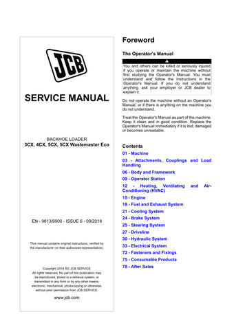 Unlock the full potential of your JCB machinery with the comprehensive JCB 3CX, 4CX, 5CX, and 5CX WASTEMASTER ECO Service Manual. This essential PDF file (Issue 6, 09/2018) provides detailed insights and step-by-step guidance for maintenance and repairs, ensuring your equipment operates at peak performance. With easy navigation and clear illustrations, this manual is designed to save you time and money, making it an indispensable resource for operators and technicians alike. Invest in your machinery's longe