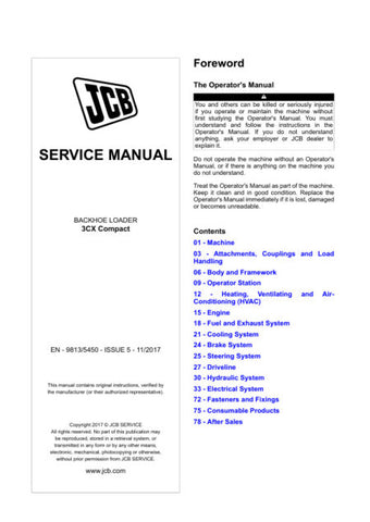 Unlock the full potential of your JCB 3CX Compact Loader with the comprehensive Service Manual 9813/5450 in PDF format. This essential guide provides detailed insights into maintenance, troubleshooting, and repair procedures, ensuring your equipment operates at peak performance. With easy navigation and clear illustrations, you can quickly find the information you need to keep your loader running smoothly. Invest in this invaluable resource today and enhance the longevity and efficiency of your machinery.