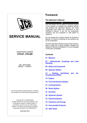 Unlock the full potential of your JCB 3TS-8T and 3TS-8W Skid Steer Loader with the comprehensive Service Manual (Part Number: 2475701) in PDF format. This essential guide provides detailed maintenance procedures, troubleshooting tips, and technical specifications to ensure your equipment operates at peak performance. With easy navigation and clear illustrations, you can quickly find the information you need to keep your loader running smoothly and efficiently. Invest in this invaluable resource today and en