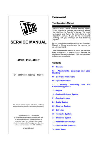 Enhance your maintenance capabilities with the JCB 411HT, 413S, and 417HT Wheel Loader Service Manual (9813/6350) in PDF format. This comprehensive guide provides detailed insights into the operation, troubleshooting, and repair of your wheel loader, ensuring optimal performance and longevity. With easy navigation and clear illustrations, this manual is an essential resource for both professionals and DIY enthusiasts looking to keep their equipment running smoothly. Invest in your machinery's upkeep and max