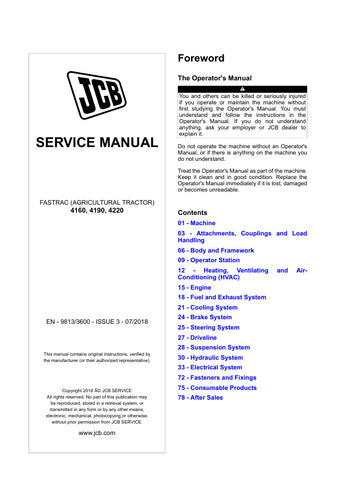 Unlock the full potential of your JCB 4160, 4190, and 4220 FASTRAC with the comprehensive Service Manual 9813/3600 in PDF format. This essential guide provides detailed insights into maintenance, troubleshooting, and repair procedures, ensuring your machinery operates at peak performance. With easy navigation and clear illustrations, this manual is an invaluable resource for both professionals and DIY enthusiasts, helping you save time and reduce downtime. Invest in your equipment's longevity and efficiency