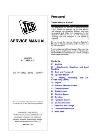 Enhance your maintenance capabilities with the JCB 427, 435S, 437 Loader Service Manual (9813/6100) in PDF format. This comprehensive guide provides detailed instructions, diagrams, and troubleshooting tips specifically designed for these JCB models, ensuring you can perform repairs and maintenance with confidence. With easy navigation and instant access on your devices, this service manual is an essential resource for both professionals and DIY enthusiasts looking to keep their loaders in optimal condition
