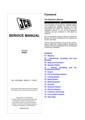 Enhance your maintenance routine with the JCB 455ZX Loader Service Manual (9813/4800) in PDF format. This comprehensive guide provides detailed instructions, diagrams, and troubleshooting tips to ensure your loader operates at peak performance. With easy navigation and clear visuals, you can quickly access essential information, saving you time and reducing downtime. Perfect for both seasoned professionals and DIY enthusiasts, this manual is an invaluable resource for keeping your equipment in top shape. Do