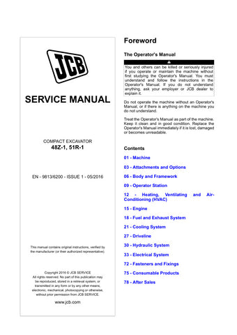 Unlock the full potential of your JCB 48Z-1 and 51R-1 Compact Excavators with the comprehensive Service Manual (9813/6200) in PDF format. This essential guide provides detailed maintenance procedures, troubleshooting tips, and technical specifications to ensure your machinery operates at peak performance. With easy navigation and clear illustrations, this manual is designed for both seasoned professionals and DIY enthusiasts, making it an invaluable resource for keeping your equipment in top shape. Invest