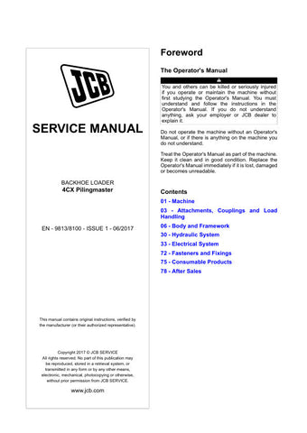 Discover the essential JCB 4CX Pilingmaster Service Manual, model numbers 2442701 and 2509500, designed for professionals who demand precision and reliability in their machinery. This comprehensive guide provides detailed insights into the operation, maintenance, and troubleshooting of your JCB 4CX Pilingmaster, ensuring optimal performance and longevity.