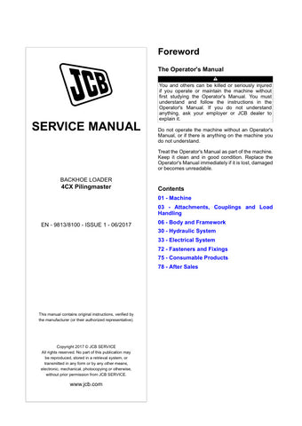 Unlock the full potential of your JCB 4CX Pilingmaster with the comprehensive Service Manual (part numbers 2442701, 2509500) available in PDF format. This essential guide provides detailed insights into maintenance, troubleshooting, and repair procedures, ensuring your equipment operates at peak performance. With easy navigation and clear illustrations, this manual is a must-have for operators and technicians alike, helping you save time and reduce downtime. Invest in your machinery's longevity and efficien