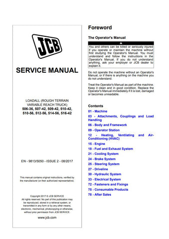 Unlock the full potential of your JCB Loadall with the comprehensive Service Manual 9813/5050, designed specifically for models 506-36, 507-42, 509-42, 510-42, 510-56, 512-56, 514-56, and 516-42. This PDF file is an essential resource for maintenance and repair, providing detailed diagrams, troubleshooting tips, and step-by-step instructions to keep your equipment running smoothly. Ensure optimal performance and longevity of your machinery by investing in this invaluable guide today.