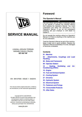  Unlock the full potential of your JCB 527-58 T4F Loadall with our comprehensive Service Manual (Issue 1, 04/2018). This PDF file is an essential resource for operators and technicians, providing detailed insights into maintenance, troubleshooting, and repair procedures. With clear diagrams and step-by-step instructions, you can ensure optimal performance and longevity of your equipment. Invest in this invaluable guide today and keep your Loadall running smoothly for years to come.