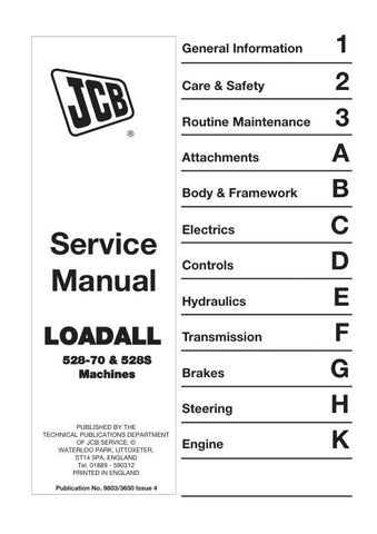 Discover the essential JCB 528-70 and 528S Loadall Service Manual (9803/3650), your go-to resource for maintaining and servicing your equipment. This comprehensive manual provides detailed instructions, diagrams, and specifications to ensure your Loadall operates at peak performance.