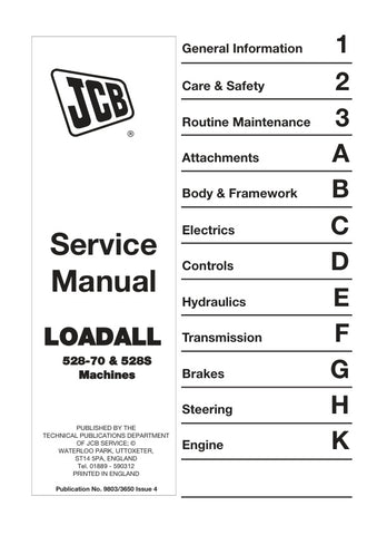 Unlock the full potential of your JCB 528-70 and 528S Loadall with the comprehensive Service Manual (9803/3650) in PDF format. This essential guide provides detailed insights into maintenance, troubleshooting, and repair procedures, ensuring your equipment operates at peak performance. With easy navigation and clear illustrations, you can quickly find the information you need to keep your Loadall running smoothly. Invest in this invaluable resource today and enhance the longevity and efficiency of your mach