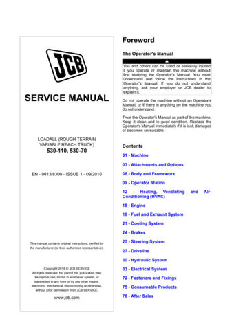 Unlock the full potential of your JCB 530-110 and 530-70 Loadall with the comprehensive service manual (9813-8300) in PDF format. This essential guide provides detailed insights into maintenance, troubleshooting, and repair procedures, ensuring your rough terrain variable reach truck operates at peak performance. With easy navigation and clear illustrations, this manual is designed for both seasoned professionals and DIY enthusiasts, making it an invaluable resource for keeping your equipment in top shape. 
