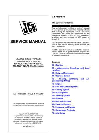 Unlock the full potential of your JCB machinery with the comprehensive JCB Service Manual (Issue 1, March 2018) for models 531-70, 535-95, 536-60, 536-70, 536-70LP, 541-70, 550-80, and 560-80. This PDF file is an essential resource for operators and technicians, providing detailed insights into maintenance, troubleshooting, and repair procedures. With clear diagrams and step-by-step instructions, you can ensure optimal performance and longevity of your equipment, making it a must-have for anyone serious abo