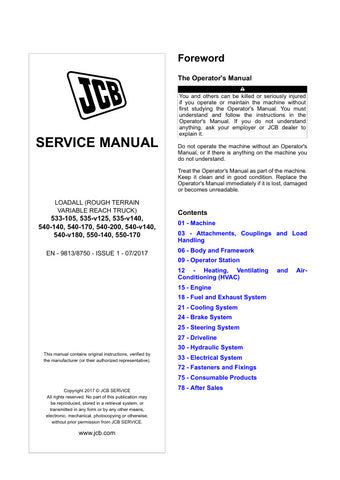 Unlock the full potential of your JCB machinery with the comprehensive JCB Service Manual (Issue 1, 07/2017) for models 533-105, 535-V125, 535-V140, 540-140, 540-170, 540-200, 540-V140, 540-V180, 550-140, and 550-170. This PDF file is an essential resource for operators and technicians, providing detailed maintenance procedures, troubleshooting tips, and specifications to ensure optimal performance and longevity of your equipment. Invest in this manual to enhance your operational efficiency and keep your 