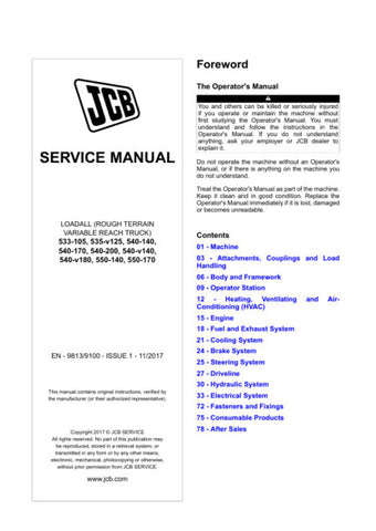 Unlock the full potential of your JCB machinery with the comprehensive JCB Service Manual for models 533-105, 535-V125, 540-140, 540-170, 540-200, 540-V140, 540-V180, 550-140, and 550-170. This PDF file, issued in November 2017, provides detailed insights into maintenance, troubleshooting, and repair procedures, ensuring your equipment operates at peak performance. With clear illustrations and step-by-step instructions, this manual is an essential resource for both professionals and DIY enthusiasts looking 