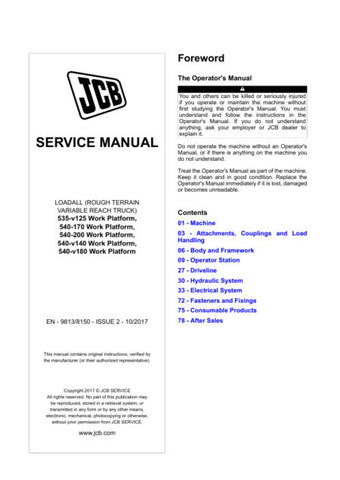 Enhance your maintenance capabilities with the JCB 535-V125, 540-170, 540-200, 540-V140, and 540-V180 Work Platform Service Manual (9813/8150) in PDF format. This comprehensive guide provides detailed insights into servicing and troubleshooting, ensuring your equipment operates at peak performance. With easy navigation and clear instructions, you can quickly access essential information, saving you time and reducing downtime. Invest in this invaluable resource to keep your JCB work platforms running smoothl