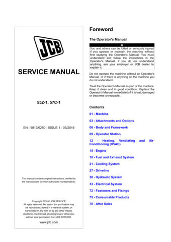 Unlock the full potential of your JCB 55Z-1 and 57C-1 mini excavators with the comprehensive service manual (9813/6250) in PDF format. This essential guide provides detailed maintenance procedures, troubleshooting tips, and technical specifications to ensure your equipment operates at peak performance. With easy navigation and clear illustrations, this manual is designed for both seasoned professionals and DIY enthusiasts, making it an invaluable resource for keeping your machinery in top condition. Don't m