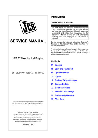 Unlock the full potential of your JCB 672 mechanical engine with the comprehensive Service Manual (Issue 3, 2016-08-22). This PDF file is an essential resource for technicians and DIY enthusiasts alike, providing detailed diagrams, troubleshooting tips, and step-by-step maintenance procedures. Ensure optimal performance and longevity of your equipment with this expertly crafted guide, designed to help you tackle any mechanical challenge with confidence. Don't miss out on the opportunity to enhance your engi