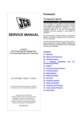 Unlock the full potential of your JCB machinery with the comprehensive service manual for the 6T-1 Front Tip, 6T-1 Swivel Tip, 7T-1 Front Tip Hi-Viz, and 9T-1 Front Tip models. This PDF file (9813/8950) is an essential resource for operators and technicians alike, providing detailed insights into maintenance, troubleshooting, and operational guidelines. Ensure your equipment runs smoothly and efficiently, minimizing downtime and maximizing productivity with this invaluable manual at your fingertips.