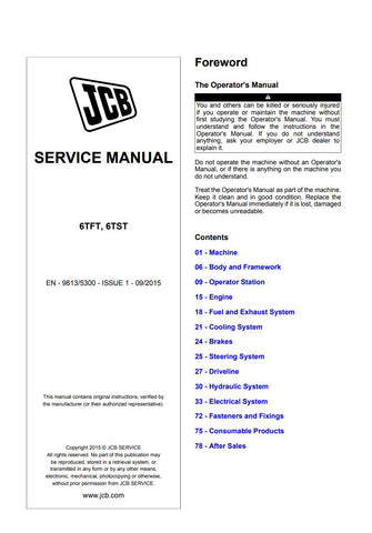 Unlock the full potential of your JCB 6TFT and 6TST machinery with the comprehensive Service Manual (Issue 1, 09/2015). This PDF file is an essential resource for operators and technicians, providing detailed insights into maintenance, troubleshooting, and repair procedures. With clear diagrams and step-by-step instructions, you can ensure optimal performance and longevity of your equipment, making it a must-have for anyone serious about keeping their machinery in top condition. Don't miss out on the opport