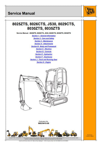 Unlock the full potential of your JCB machinery with the comprehensive JCB 8025ZTS, 8026CTS, JS30, 8029CTS, 8030ZTS, and 8035ZTS Service Manual (9803/9410-08) in PDF format. This essential resource provides detailed maintenance guidelines, troubleshooting tips, and repair procedures to keep your equipment running smoothly and efficiently. With easy navigation and clear illustrations, this manual is designed for both seasoned professionals and DIY enthusiasts, ensuring you have the knowledge to tackle any se