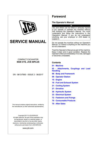 Unlock the full potential of your JCB 8026 CTS and JCB 30Plus Compact Excavator with the comprehensive Service Manual (Issue 2, 06/2017). This PDF file is an essential resource for operators and technicians, providing detailed insights into maintenance, troubleshooting, and repair procedures. With clear diagrams and step-by-step instructions, you can ensure optimal performance and longevity of your equipment, making it a must-have for anyone looking to maximize their investment in JCB machinery. Don't miss 