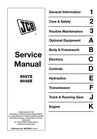 Enhance your maintenance capabilities with the JCB 8027Z and 8032Z Mini Excavator Service Manual. This comprehensive guide is designed specifically for these models, providing detailed instructions and insights to keep your equipment running smoothly. With clear diagrams and step-by-step procedures, you can tackle repairs and servicing with confidence.