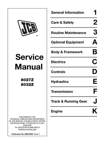 Unlock the full potential of your JCB 8027Z and 8032Z Mini Excavators with our comprehensive Service Manual (9803/9300) in PDF format. This essential guide provides detailed maintenance procedures, troubleshooting tips, and technical specifications to ensure your equipment operates at peak performance. With easy navigation and clear illustrations, you'll have the knowledge to tackle repairs and upkeep efficiently, saving you time and money. Invest in your machinery's longevity and reliability today!