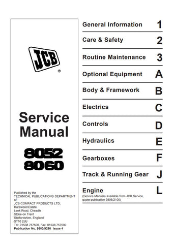 Unlock the full potential of your JCB 8052 and 8060 excavators with the comprehensive service manual (9803/9290) available in PDF format. This essential guide provides detailed insights into maintenance, troubleshooting, and repair procedures, ensuring your machinery operates at peak performance. With easy navigation and clear illustrations, this manual is a must-have for operators and technicians alike, helping you save time and reduce downtime. Invest in your equipment's longevity and efficiency today!