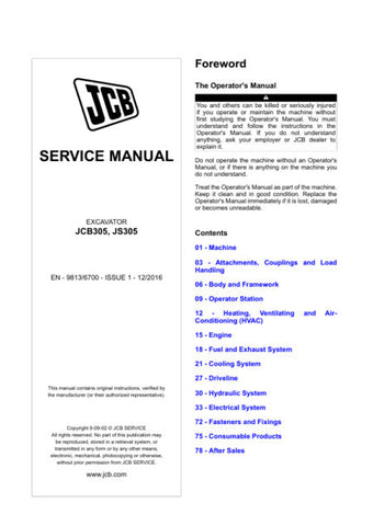 Enhance your maintenance capabilities with the JCB JCB305, JS305 Excavator Service Manual (9813/6700) in PDF format. This comprehensive guide provides detailed insights into the operation, troubleshooting, and repair of your excavator, ensuring optimal performance and longevity. With easy navigation and clear illustrations, you can quickly access essential information, making it an invaluable resource for both seasoned professionals and DIY enthusiasts. Invest in this service manual today to keep your equip