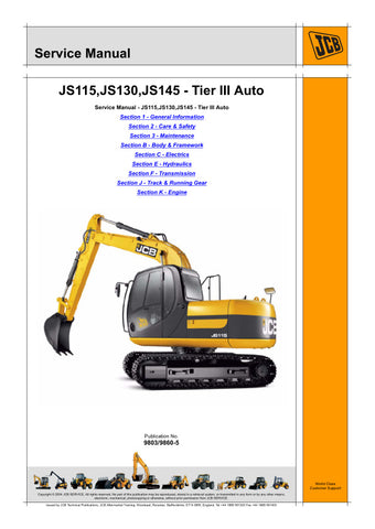 Unlock the full potential of your JCB JS115, JS130, and JS145 excavators with the TIER III Auto Service Manual (9803/9860-5) in PDF format. This comprehensive guide provides essential maintenance and repair information, ensuring your machinery operates at peak performance. With detailed diagrams, troubleshooting tips, and step-by-step instructions, you can confidently tackle any service task. Enhance your efficiency and reduce downtime download your manual today and keep your equipment running smoothly.