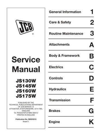 Unlock the full potential of your JCB wheeled excavators with the comprehensive service manual for models JS130W, JS145W, JS160W, and JS175W. This essential guide, part number 9806/6310, provides detailed insights into maintenance, troubleshooting, and repair procedures, ensuring your machinery operates at peak performance.