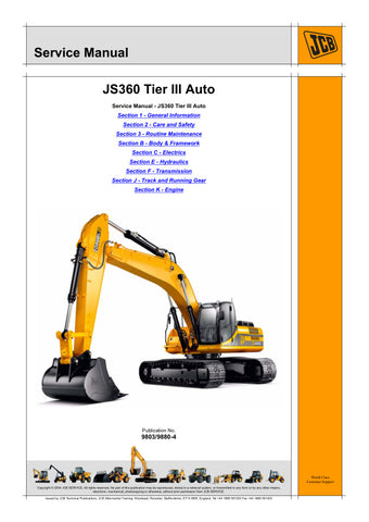 Unlock the full potential of your JCB JS360 TIER III with the comprehensive service manual (9803/9880-4) in PDF format. This essential guide, covering machine serial numbers 1807000 to 1807299, provides detailed instructions for maintenance, troubleshooting, and repair, ensuring your equipment operates at peak performance. With easy navigation and clear diagrams, this manual is a must-have for operators and technicians alike, helping you save time and reduce downtime. Invest in your machinery's longevity an